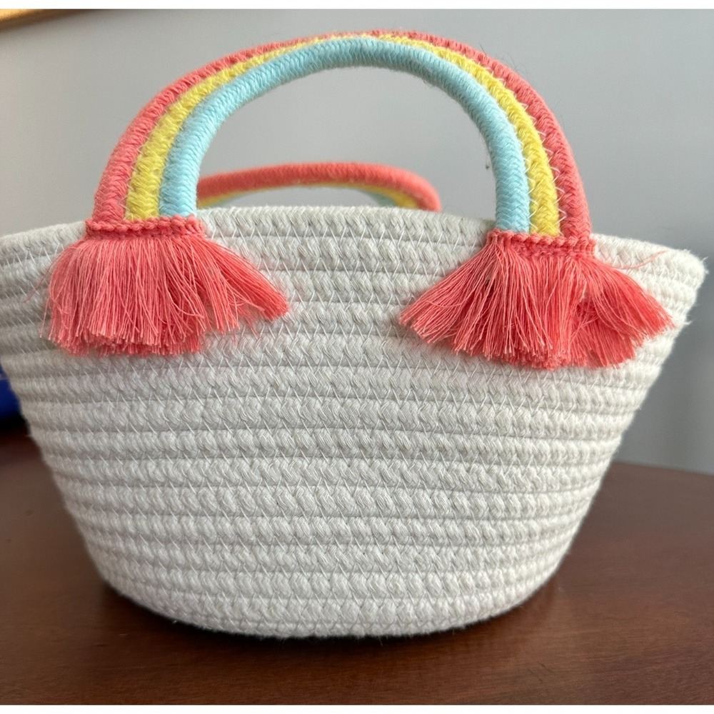 White Woven Cloth Basket w/ Rainbow Handles - 7.5" Easter Basket Beach Tote